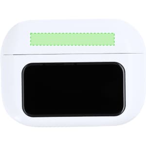 A white earphone case with a black front and a green accent. It features a logo on the surface.