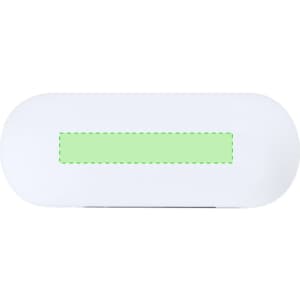 A white earphones case with a green accent, featuring a logo on the surface.