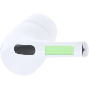 A pair of white earphones with a sleek design, featuring a black accent on the handle and a branding logo.