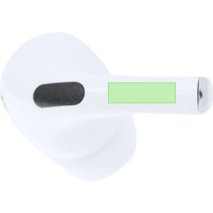 A white earphone with a smooth design and a contrasting black accent, featuring a branding logo.