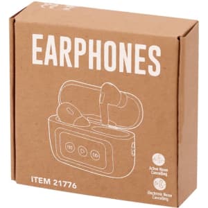 A cardboard box containing white earphones with a charging case. The box features a logo and product information.