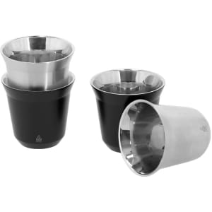 A set of drink cups in black and stainless steel, featuring a glossy finish and a logo.