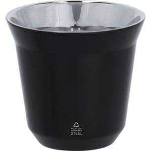 A black stainless steel cup with a shiny silver interior, featuring a logo on the base.