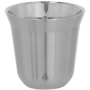 A stainless steel cup with a smooth finish and a sleek design, featuring a logo on the bottom.