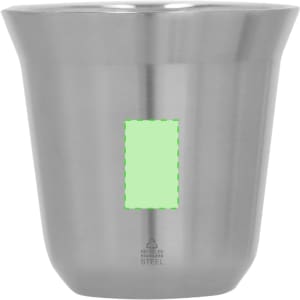 A stainless steel cup with a tapered design and a blank area for branding.