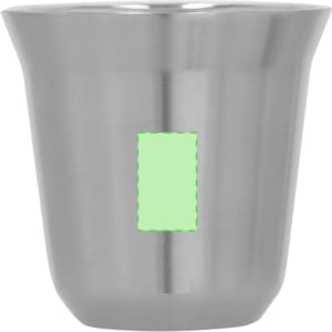 A stainless steel cup featuring a smooth, polished finish and a logo embossed on the front.