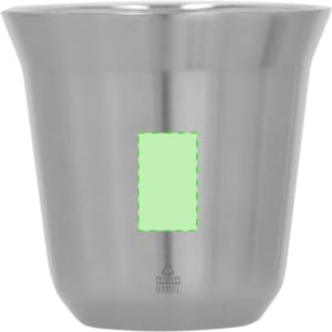 A stainless steel cup with a shiny finish and a blank area for branding or customisation.