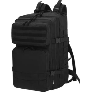 A black backpack featuring multiple compartments and straps, including a branded logo.
