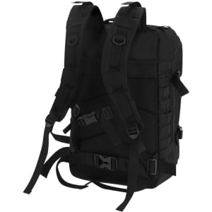 A black backpack with adjustable straps and mesh panels, featuring multiple buckles and a logo.
