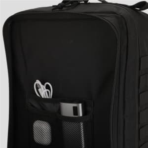 A black backpack featuring a mesh pocket with a drink bottle and charging cables inside. It has a branded logo.