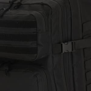 A black Bruxdul backpack featuring multiple compartments and a buckle closure. It includes a textured section with a logo.