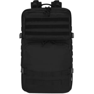 A black backpack featuring multiple compartments, adjustable straps, and a loop for attachment, along with a logo.
