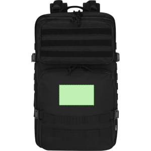 A black backpack with adjustable straps, featuring a textured panel and a smooth green patch for customization.