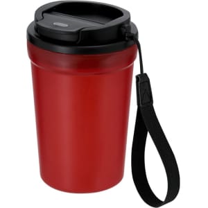 A red drink cup with a black lid and a wrist strap, featuring a logo on the side.