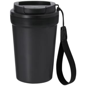 A drink bottle featuring a sleek black design with a lid and a wrist strap. It has a logo on the side.