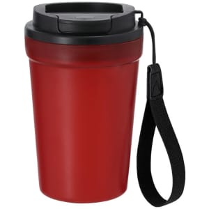 A red plastic cup with a black lid and wrist strap, featuring a logo. Ideal for drinks on the go.