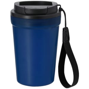 A blue plastic cup with a black lid and a detachable black strap. It features a logo on the surface.