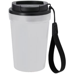 A drink bottle featuring a clear body and a black lid, with a strap for easy handling. It has a logo.