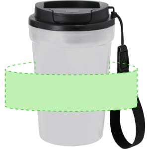 A plastic cup with a black lid and strap, featuring a transparent body. The cup has a logo.