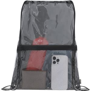 A transparent black drawstring bag containing a drink bottle, a smartphone, and a small box.