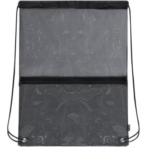 A black drawstring bag featuring a mesh top and a solid bottom, with a logo on the side.