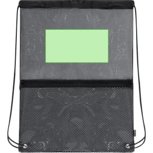 A drawstring bag in black with a mesh pocket and a transparent section for identification.