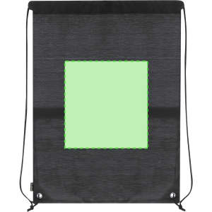 A black drawstring bag with a green square centre and a logo at the bottom. Suitable for various uses.