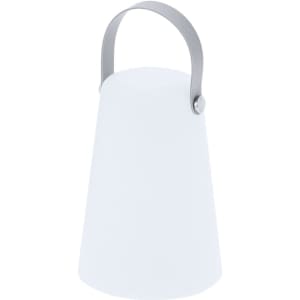 A white lamp with a grey handle, designed in a conical shape. It features a minimalist, modern design.