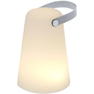 A soft white lamp with a tapered design and a grey handle. It features a smooth, matte finish and a warm glow.