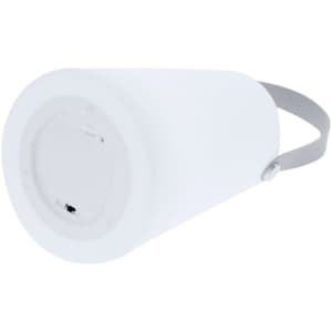 A conical white lamp featuring a grey handle and a plain base, with a simple design and no additional features.