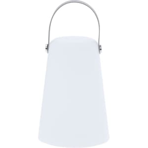 A white lamp with a conical shape and a metallic handle, featuring a minimalist design.