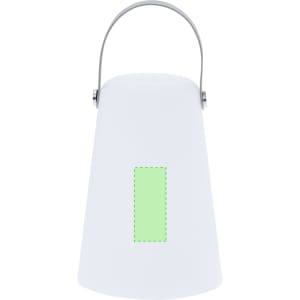 A white lamp with a curved design and a metallic handle, featuring a green rectangular area.