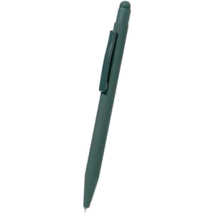 A green stylus pen with a clip, featuring a smooth design ideal for writing and touchscreen use.
