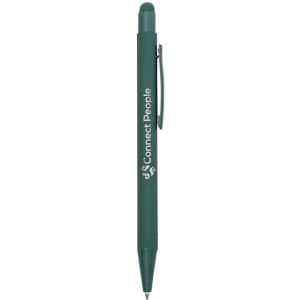 A green stylus pen with a clip and a branding logo on the side.