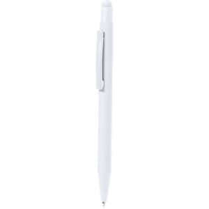 A white stylus pen with a clip and a smooth tip, featuring a sleek design and a logo.