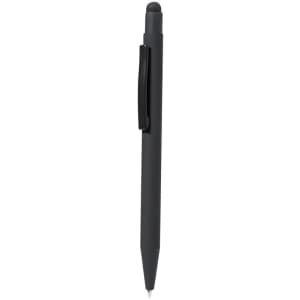 A black stylus pen with a clip, featuring a pointed tip and a rounded stylus end. It has a simple design and a logo.