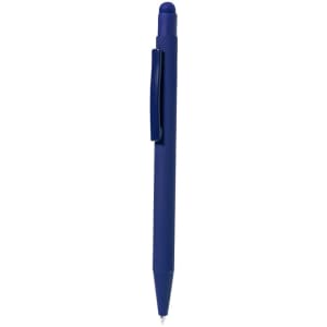 A blue stylus pen with a clip and a pointed end, featuring a branding logo.