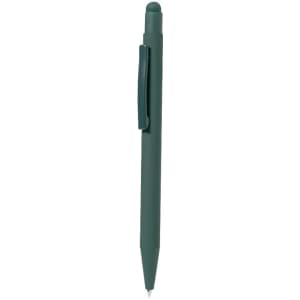 A green stylus pen with a smooth finish and a clip for easy attachment. It features a tip for writing.