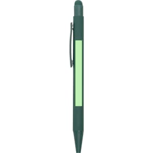 A green stylus pen with a clip and a bright green section. It features a logo.