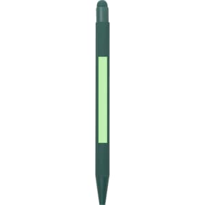 A stylus pen in dark green with a light green accent and a logo on its body.