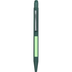 A green stylus pen with a transparent section and a light green accent. It features a logo on the body.