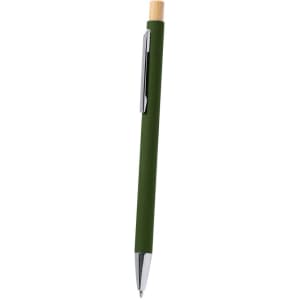 A metal pen in dark green with a bamboo accent and chrome details, featuring a clip and a sleek design.