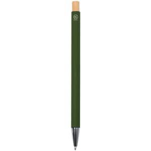 A green metal pen with a wooden tip and a logo on the side.