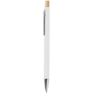 A metal pen with a white barrel and a bamboo cap, featuring a silver clip and tip. It has a logo on the barrel.