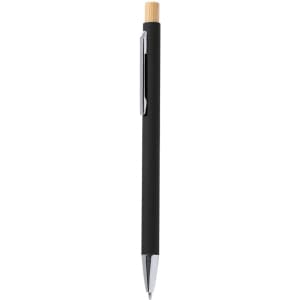 A black metal pen with a bamboo accent, featuring a clip and a metal tip. It has a logo on its body.