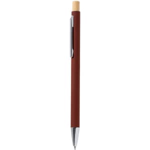 A metal pen with a brown body and silver accents, featuring a wooden top and a clip.