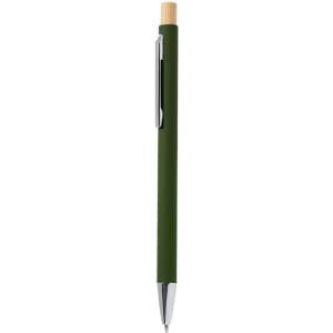 A metal pen featuring a dark green body and bamboo details, with a chrome clip and tip.