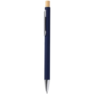 A metal pen with a navy blue body and bamboo accents, featuring a silver clip.
