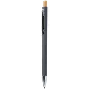 A metal pen in dark grey with a bamboo top and a silver clip, featuring branding on the body.