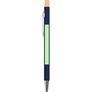 A metal pen featuring a navy blue body with a green accent and a wooden tip, complete with a clip.